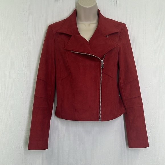 Express - Red Faux Vegan Suede Moto Long Sleeve Lined  Zipper Jacket Size XS - Picture 3 of 13